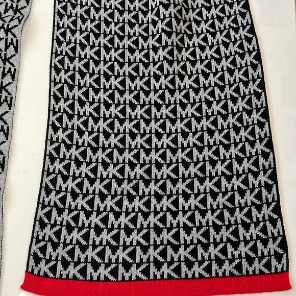 Michael Kors Logo Black Gray Red Knit Reversible Scarf 64” x 9.5” - Picture 3 of 3